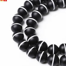 Natural Stone Beads Matte Black Agates Beads with White Line Stripe Round Loose Beads 15" Strand 8 10 12 MM For Jewelry Making 2024 - buy cheap