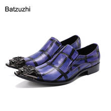 Batzuzhi sapatos masculinos de couro, calçados de couro genuíno azul pontudo de metal tipo italiano para festa e casamento! 2024 - compre barato