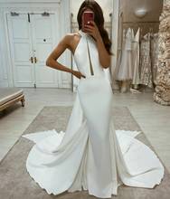 Sexy Halter Long Satin Mermaid Wedding Dresses Pleated Custom Floor Length Criss Cross Back Bridal Gowns for Women 2024 - buy cheap