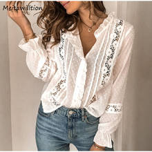 Blusa floral de algodão branca, camisa vintage oca para escritório, blusas femininas casuais soltas de manga comprida, outono 2020 2024 - compre barato