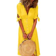 Vestidos amarelos Mulheres Moda Cor Sólida Profunda V Pescoço Amarrado Botão Meia Manga Vestido de Festa Vestido Longo Roupas femininas платье 2024 - compre barato