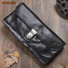 PNDME retro handmade genuine leather men's women's wallet designer luxury real cowhide card holder phone bag lock clutch purse 2024 - buy cheap