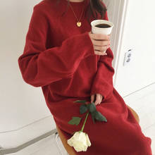 Vestido suéter longo, vestido feminino folgado de manga comprida, de malha reto, gola redonda, confortável 2024 - compre barato