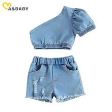 Ma&Baby 6M-4Y Summer Toddler Kid Girls Clothes Sets Denim Outfits One Shoulder Crop Top Shorts Jeans Outfits Costumes 2024 - buy cheap