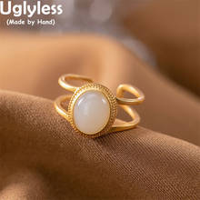 Uglyless-Anillo de plata de primera ley y Jade para mujer, sortija abierta, plata esterlina 925, Gema redonda, diseño minimalista 2024 - compra barato