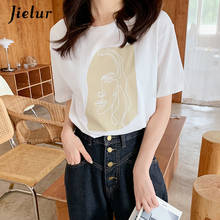 Jielur abstrato rosto humano camiseta feminino chique curto-mangas compridas impressão solta branco t 2021 verão o-pescoço topo roupas mulher bf 2024 - compre barato