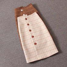 Autumn Winter Camel Woolen Plaid Button Wrap Midi Skirts High Waist Fashion Sheath Pencil Skirts Female 2019 New 2024 - buy cheap