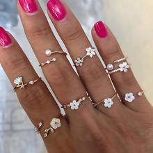 Anéis de cristal geométricos flor e pérola, 9 espaços, para mulheres, cores douradas, conjunto de anéis de dedo, joias para festa de casamento 2024 - compre barato