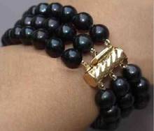 Pulsera de perlas negras de tahitiano, brazalete redondo de 7,5-8 ", 8-9 MM, 3 filas 2024 - compra barato