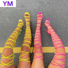 Sandalias con cordones por encima de la rodilla para mujer, zapatos de cuero con punta abierta, de tacón fino, a la moda, primavera y verano 2024 - compra barato