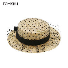 Women's Sun Hats Wide Brim Summer Korean Lace Mesh Yarn Wave Point Bow Flat Fashion Straw Hat Sun Protection Chapeu Feminino Cap 2024 - buy cheap
