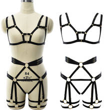 Conjunto de arnés de cuerpo negro para mujer, lencería Sexy con ajuste de sujetador abierto en el pecho, ropa de Rave, medias Bondage, liguero para piernas, cinturón fetiche, jaula corporal 2024 - compra barato