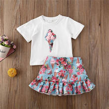 Conjunto de roupas infantis de verão para meninas, 2 peças, camiseta de sorvete floral com babado, vestido, roupa para crianças pequenas, 1-5 anos 2024 - compre barato