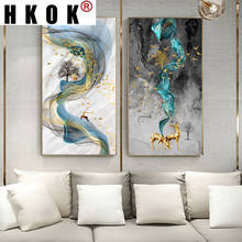 HKOK Modern Canvas Abstract Golden Deer Painting Big Size Poster Blue Print Gold Wall Art Picture Living Room Cuadros Home Decor 2024 - buy cheap