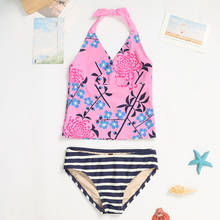 5-12 Years Girl Swimsuit Kids Floral Two Piece Children's Swimwear Tankini Halter Top Girls Bathing Suit Striped Beachwear 2021 2024 - buy cheap