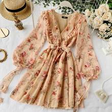 Spring Ladies Chiffon Loose Printed floral Dress Women Fashion v neck puff Sleeves dresses short mini ruffles Dress 2024 - buy cheap