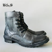 Black& Street vintage retro genuine Leather  Men Motorcycle boots handmade do old denim  cowboy west Boots 2024 - buy cheap