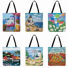 Impressão de arte mediterrânea bolsa tote para mulher bolsa de ombro linho febric casual tote reutilizável sacola de compras dobrável praia 2024 - compre barato