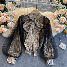 Mesh Patchwork Women Snake Striped Blouse Korean Long Sleeve Bowknot Shirt 2021 Spring Basic Blusa Mujer 2024 - buy cheap