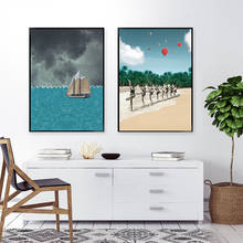 Póster de arte de pared conmemorativo de ahorro de día, lienzo abstracto de chica en la playa, pintura de velero, imágenes impresas para decoración de dormitorio 2024 - compra barato