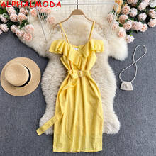 ALPHALMODA 2021 Summer Sweet Ruffle Slim Dress Women's Belted Sleeveless Embroidery Cotton Dress Solid Trendy Holiday Dress 2024 - buy cheap