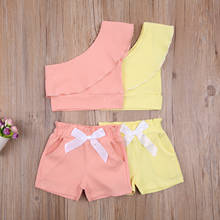 2021 New Toddler Girl Cotton Ribbed Solid Color One Shoulder Sleeveless Pullover+Shorts 2pcs Outfits Children Clothes Sets 1-4Y 2024 - buy cheap