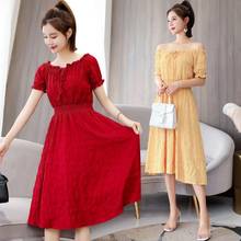 Women Dress Fashion Short Bubble Sleeves A-line Lattice Elasticity Slim Green Red Yellow White Summer Vestido Sukienki Robe 2024 - buy cheap