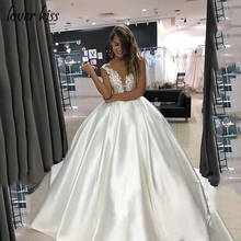 Lover Kiss Vestido De Noiva Satin Wedding Dress 2020 Lace Appliques Sheer O-Neck Pockets A-Line Bridal Gowns Robe de Mariage 2024 - buy cheap