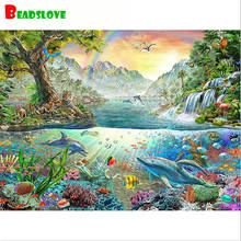 Pintura redonda completa de diamantes animal montanha mar 5d bricolagem presente de feriado decoração de casa mosaico bordado 2024 - compre barato