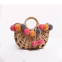 2021 New semi-circular hollow fashion straw bag colorful wool ball ball hand-woven bag shoulder portable super fire beach bag 2024 - buy cheap