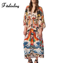 Fitshinling Print Vintage Beach Kimono With Sashes Holiday Boho Summer Long Cardigan Oversize Bikini Cover Up Slim Outing Sale 2024 - buy cheap