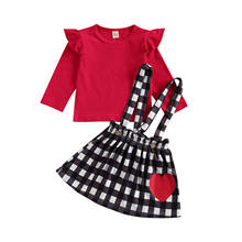 Conjunto de ropa con forma de corazón para niñas pequeñas, Tops de manga larga, falda con lazo y tirantes para el Día de San Valentín, novedad 2024 - compra barato