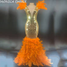 Vestido longo de aniversário feminino, vestido sexy dourado de penas laranja com strass, para festa noturna, para cantoras e bar 2024 - compre barato