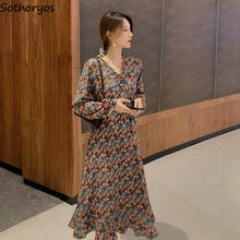 Женское платье с длинным рукавом, элегантное винтажное платье миди с цветочным принтом, Модные свободные простые универсальные корейские Ретро платья для отдыха 2024 - купить недорого