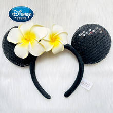 Disney hawaii frangipani headbands mickey orelhas moda preto lantejoulas plush bow headwear dos desenhos animados cosplay crianças presente 2024 - compre barato