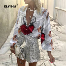 Elegant Women Office V Neck Buttons Cardigan Print Blouses 2021 Fashion Spring Summer Long Sleeves Loose Holiday Casual Shirts 2024 - buy cheap