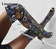 Botas gladiadoras estilo ocidental, sapatos de couro de cobra em cores mistas, estilo gladiador, com renda, coxa alta, salto alto, vestido 2024 - compre barato