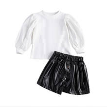 Kids Baby Girls Fashion 2-piece Outfit Set Puff Sleeve Top and Leather Skirt Set for Children Girls 2024 - buy cheap