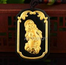 Natural Black Green Hetian Jade + Solid Gold Inlaid Chinese Coin Wealth PiXiu Lucky Pendant Rope Necklace Charm Fashion Jewelry 2024 - buy cheap