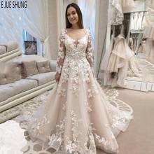 E JUE SHUNG Modern Summer Wedding Dresses Scoop Neck Illusion Long Sleeves 3D Floral Appliques Bridal Dresses robe de mariee 2024 - buy cheap