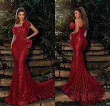 2020 Yousef Aljasmi Burgundy Evening Dresses Strapless Sweep Train Bling Sequin Lace Mermaid Prom Dress Party Wear Formal Gowns 2024 - buy cheap