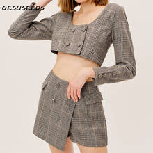 Vintage blazer women tweed jacket long sleeve square cropped blazer elegant plaid skirt shorts fall suit women blazer set korean 2024 - buy cheap