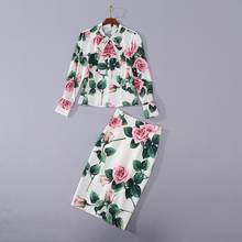 Conjunto de ropa Europea americana para mujer, camisa de manga larga con cuello de lazo, falda con estampado de rosas, trajes de moda 2021 2024 - compra barato
