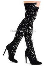 New Crystal Velvet Over the Knee Boots Women Fashion Rhinestone Stiletto Heel Winter Long Boots Lady Popular Banquet Shoes 2024 - buy cheap