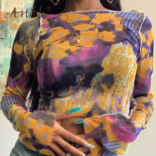 ArtSu, винтажные футболки с принтом в виде галстука-красителя, укороченный топ, сексуальные прозрачные сетчатые топы, уличная Женская тонкая футболка с длинным рукавом, Клубная футболка 2020 2024 - купить недорого