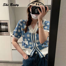 She Beaty Flowers Sweater Cardigan Women V-Neck Single Breasted Short Sleeve Bow Pocket Korean Fashion Clothing Casual Traf Tops 2024 - buy cheap