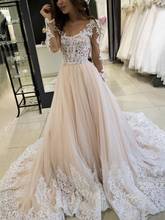 Champagne Wedding Gowns Long Sleeves Scoop Appliques Hall Wedding Dress 2019 Sheer Beads Bridal Dresses Vingate 2024 - buy cheap