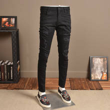 Pantalones vaqueros elásticos rasgados negros para hombre, Jeans clásicos de lápiz ajustados para primavera y verano, QJ01 2024 - compra barato