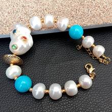 natural White freshwater Pearl Blue howlite big reborn Keshi Pearl Cz pave Beaded Bracelet Extender 8'' gold color plated clasp 2024 - buy cheap