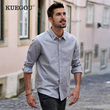 Kuegou camisa masculina de manga longa, camisa fashion cinza tubarão bordado 100% algodão 2024 - compre barato